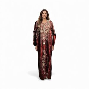 Luxury Red Burgundy & Gold hand Embroidered Kaftan From Syria Size XL